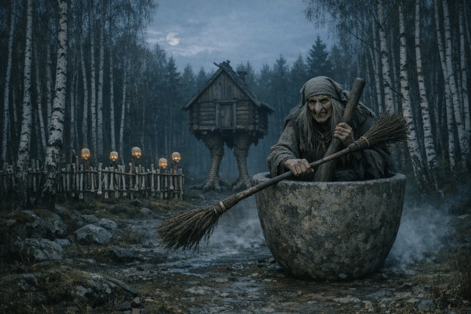 Baba Yaga — Folk Horror: Contemporary arthouse cinema, natural light, unsettling stillness
