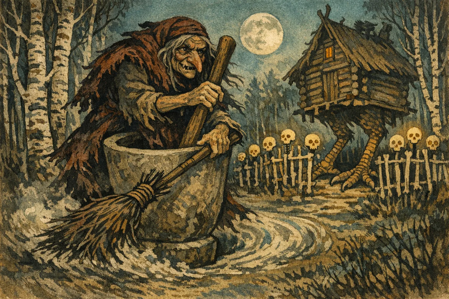 Baba Yaga — Modern Storybook: Contemporary editorial illustration, gouache and ink