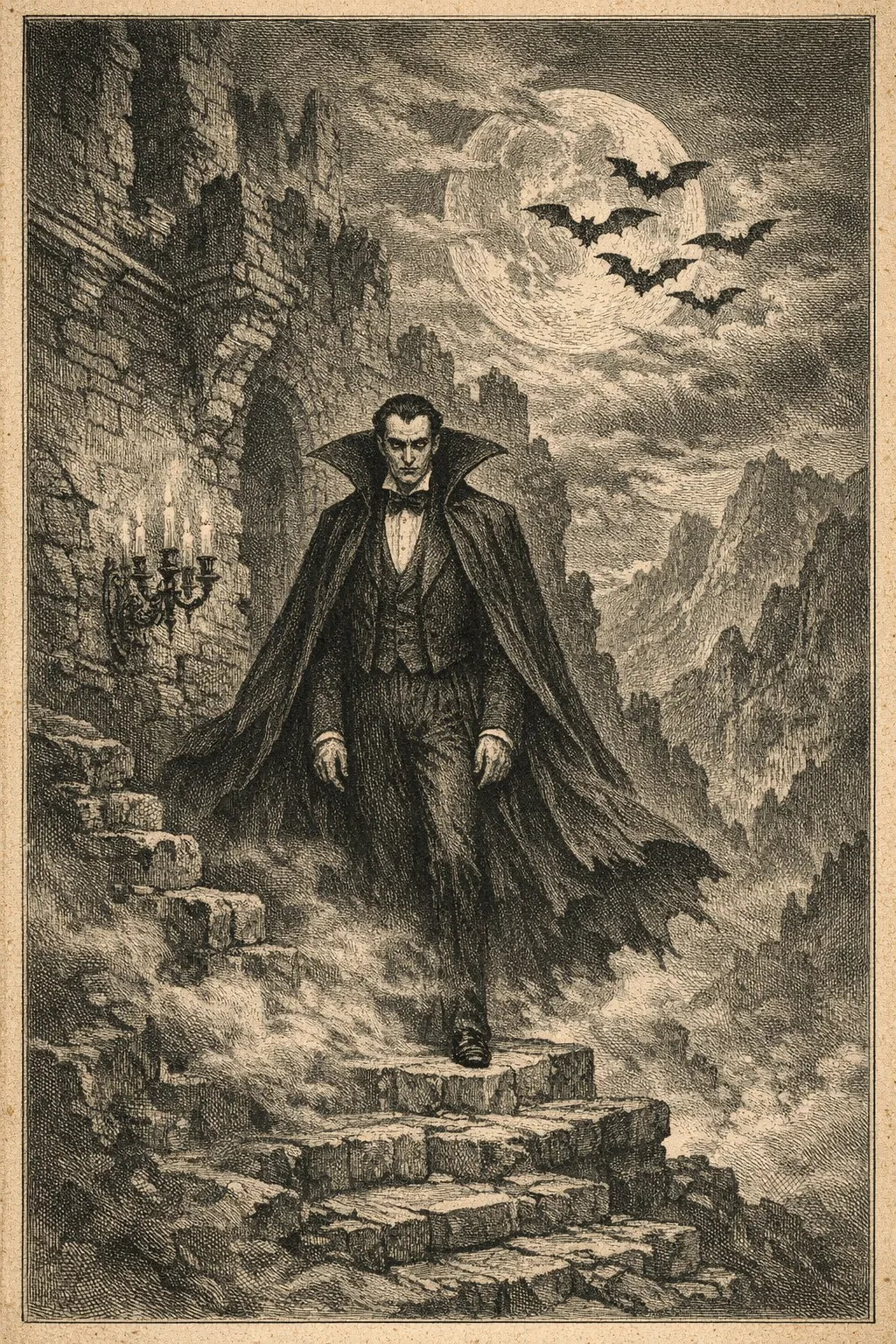 Dracula — Doré Engraving: 19th-century steel engraving, dense crosshatch