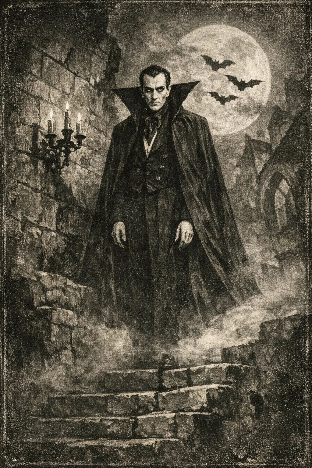 Dracula — Expressionist 1922: German silent-era, hard shadow and warped architecture