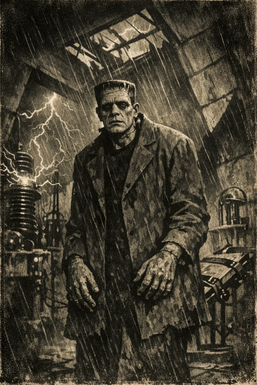 Frankenstein's Monster — Expressionist 1922: German silent-era, hard shadow and warped architecture