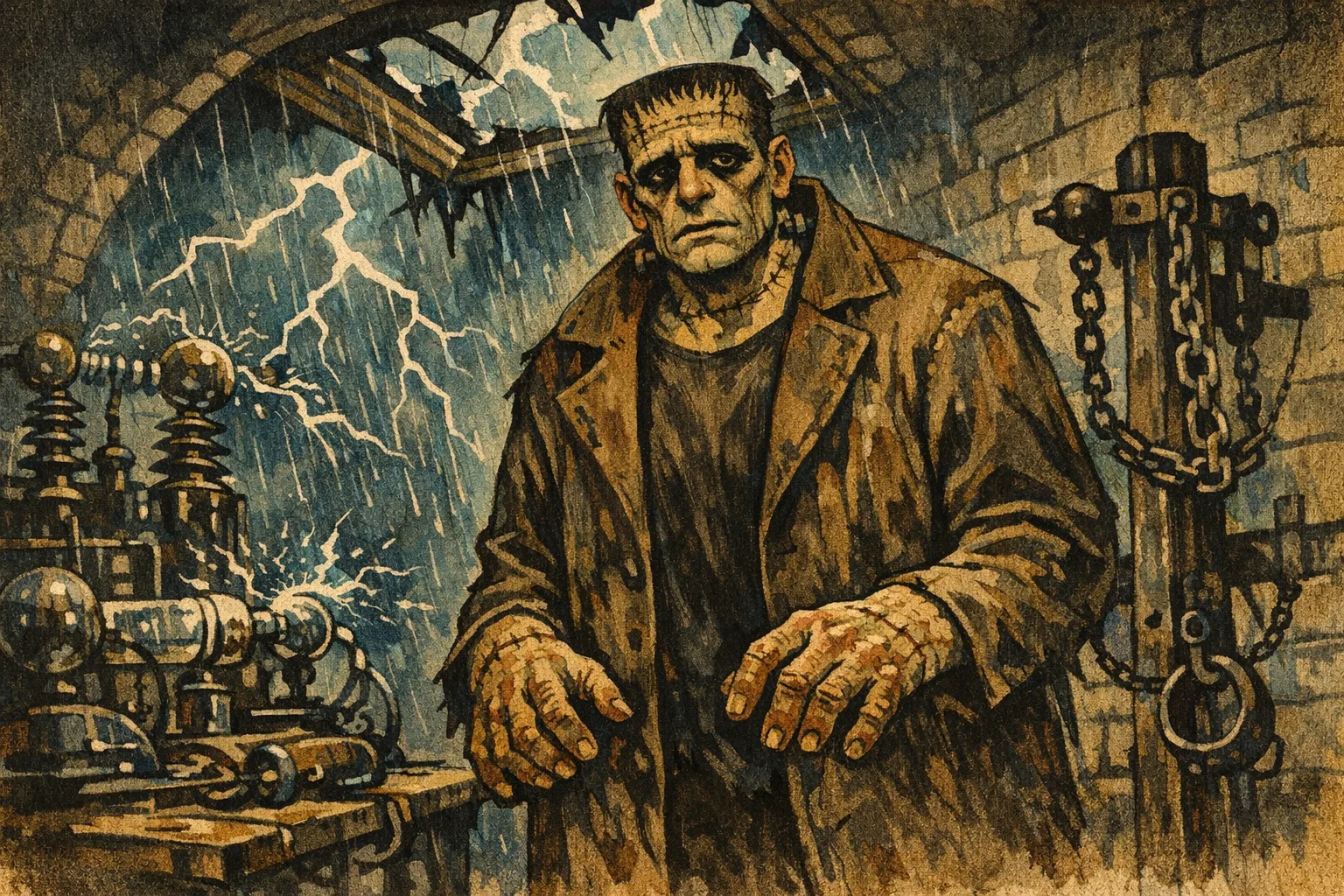 Frankenstein's Monster — Modern Storybook: Contemporary editorial illustration, gouache and ink