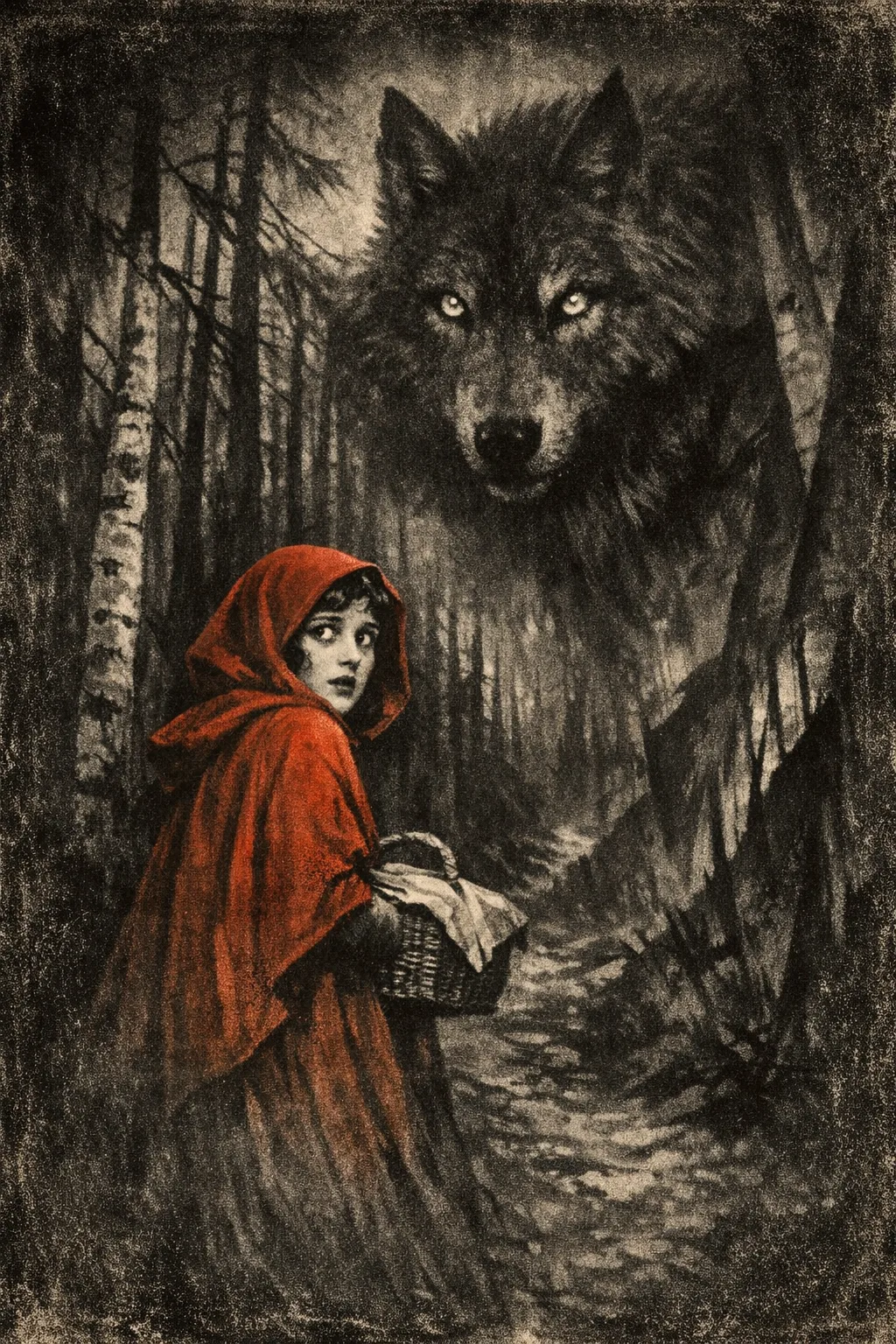 Little Red Riding Hood — Expressionist 1922: German silent-era, hard shadow and warped architecture