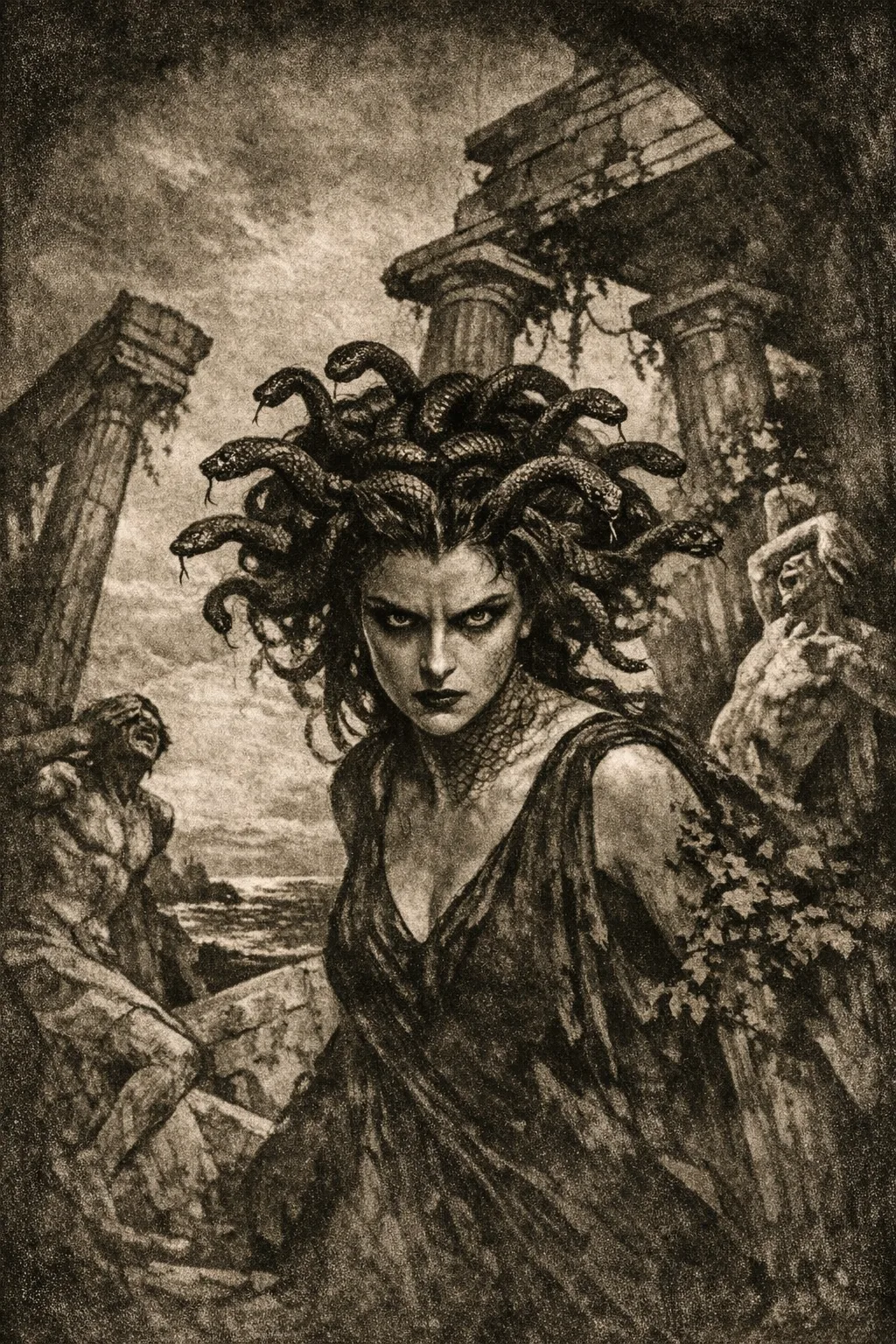 Medusa — Expressionist 1922: German silent-era, hard shadow and warped architecture