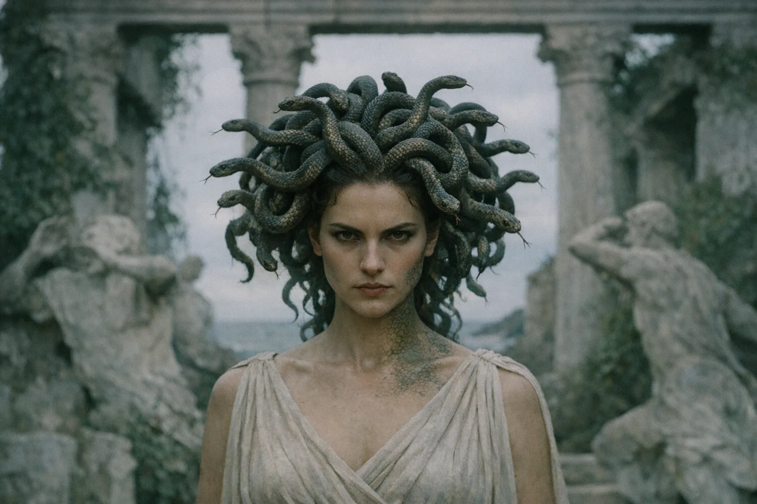Medusa — Folk Horror: Contemporary arthouse cinema, natural light, unsettling stillness