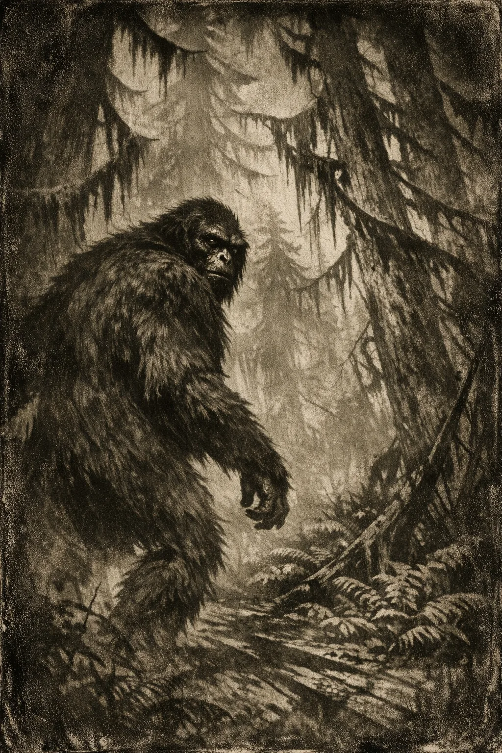 Sasquatch — Expressionist 1922: German silent-era, hard shadow and warped architecture