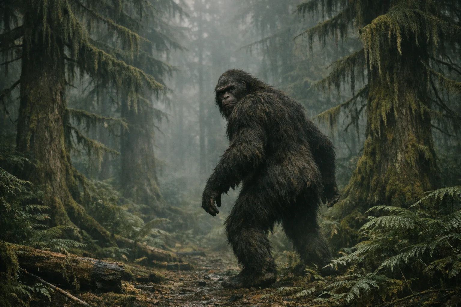 Sasquatch — Folk Horror: Contemporary arthouse cinema, natural light, unsettling stillness