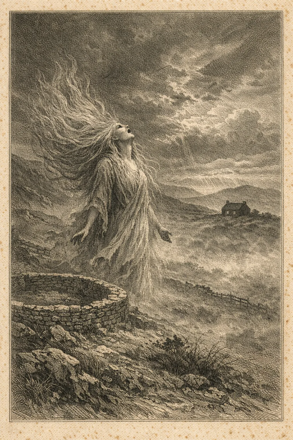 The Banshee — Doré Engraving: 19th-century steel engraving, dense crosshatch