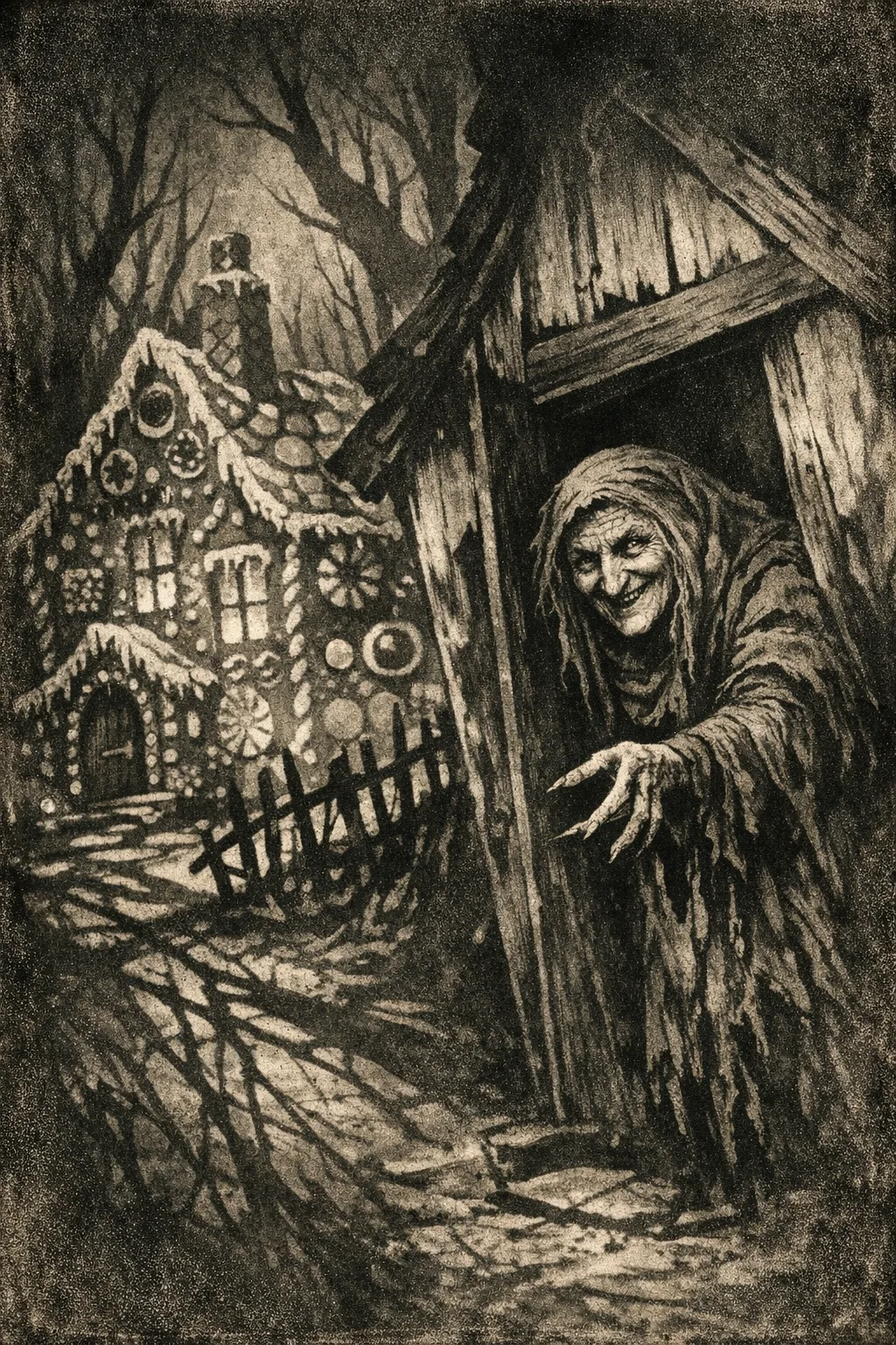 The Gingerbread Witch — Expressionist 1922: German silent-era, hard shadow and warped architecture