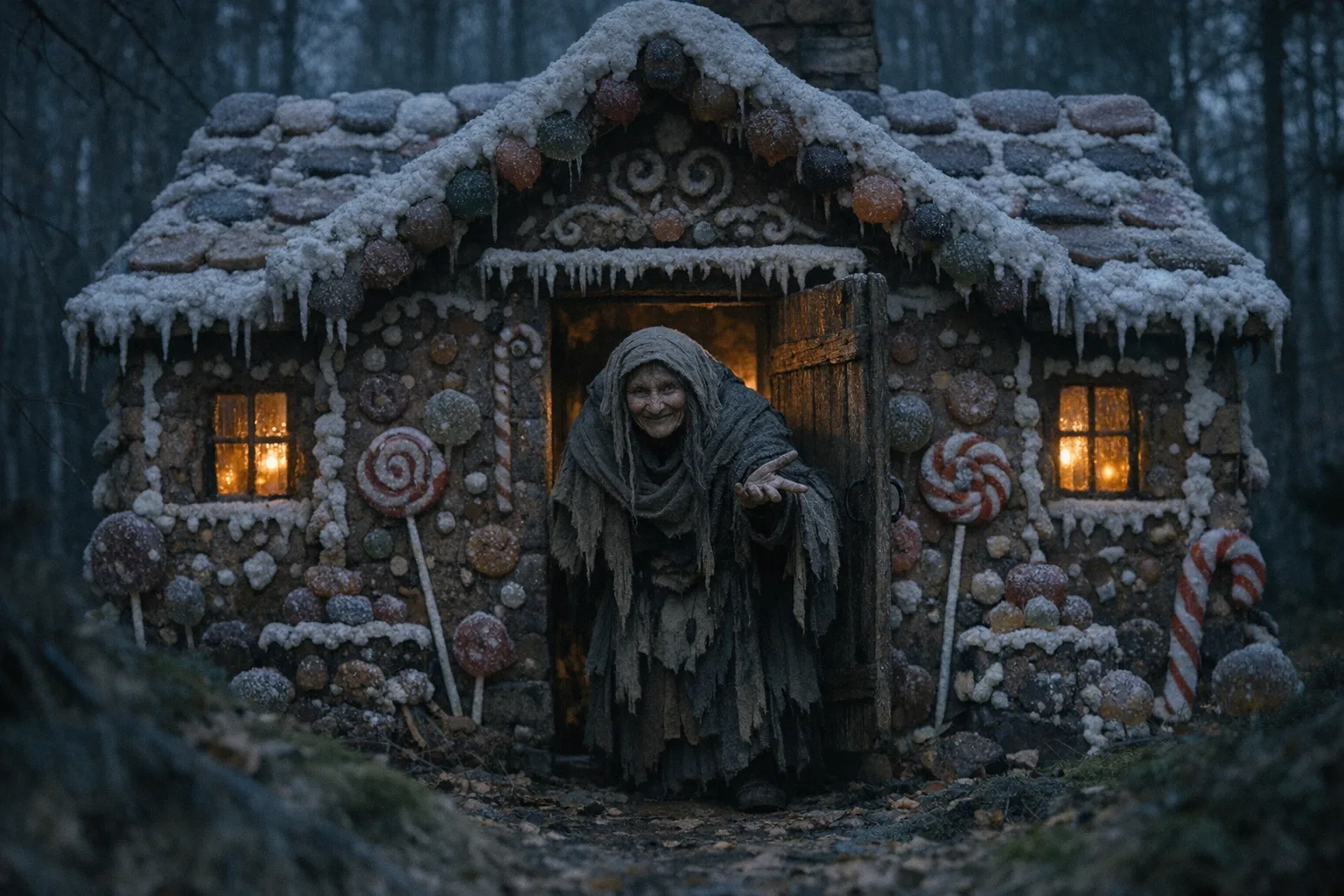 The Gingerbread Witch — Folk Horror: Contemporary arthouse cinema, natural light, unsettling stillness