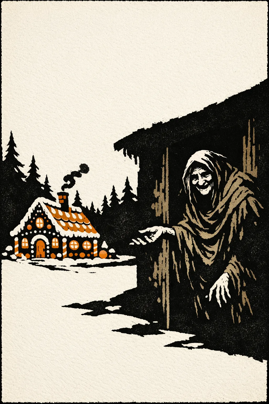 The Gingerbread Witch — Gallery Minimal: Restrained fine-art print, silhouette and texture