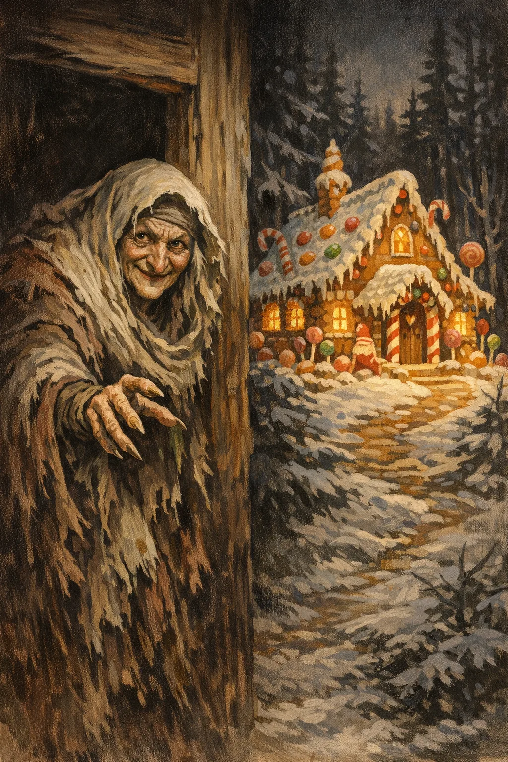 The Gingerbread Witch — Matinee Gouache: 1940s painted one-sheet, spotlight and deep shadow