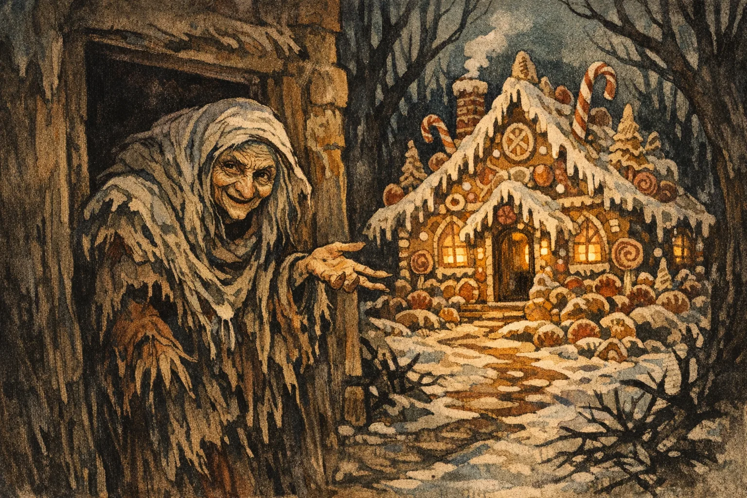 The Gingerbread Witch — Modern Storybook: Contemporary editorial illustration, gouache and ink