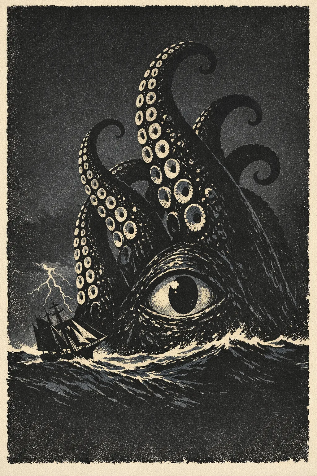 The Kraken — Gallery Minimal: Restrained fine-art print, silhouette and texture