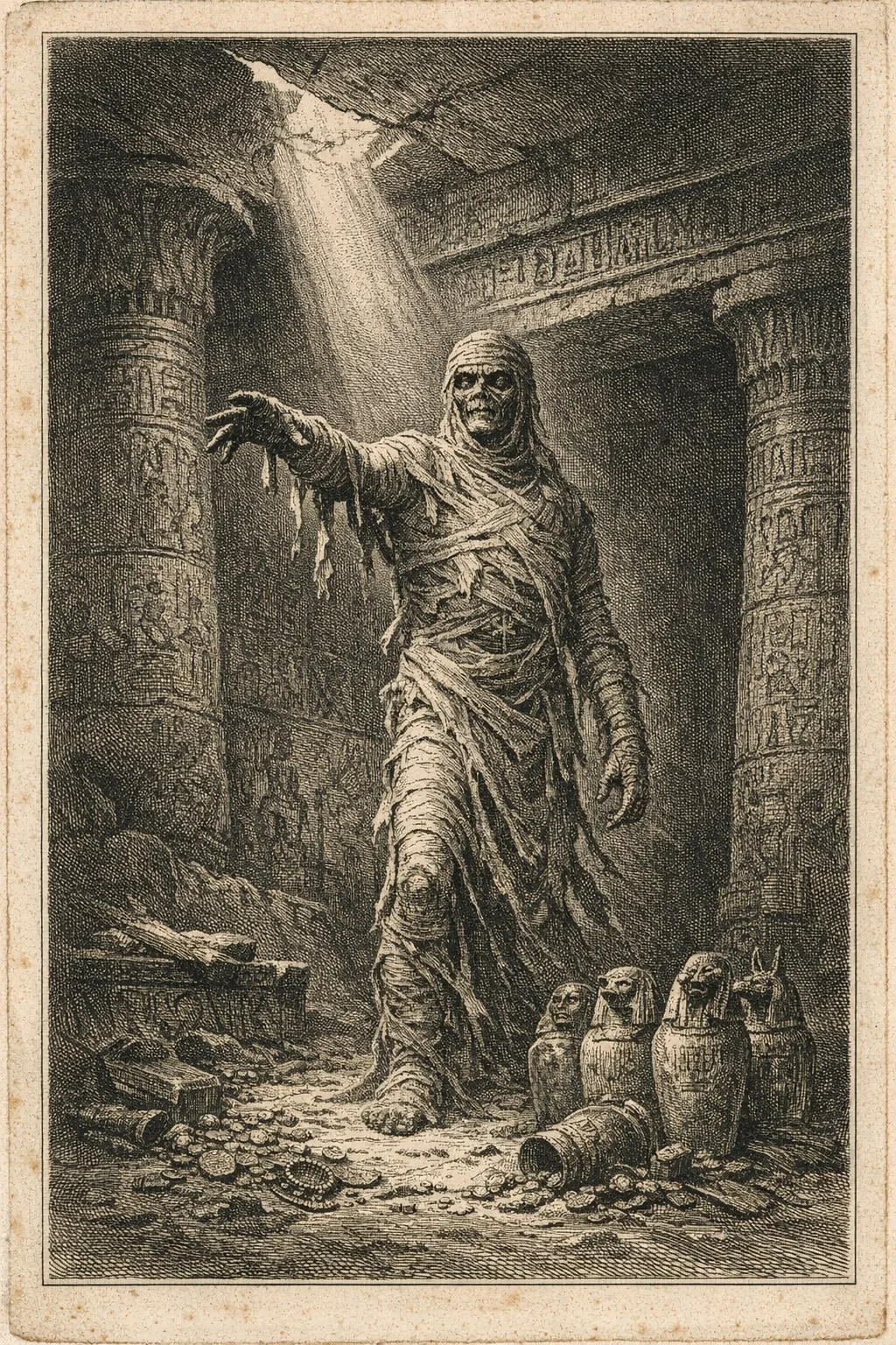 The Mummy — Doré Engraving: 19th-century steel engraving, dense crosshatch