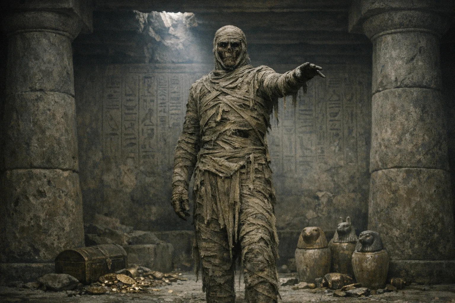 The Mummy — Folk Horror: Contemporary arthouse cinema, natural light, unsettling stillness