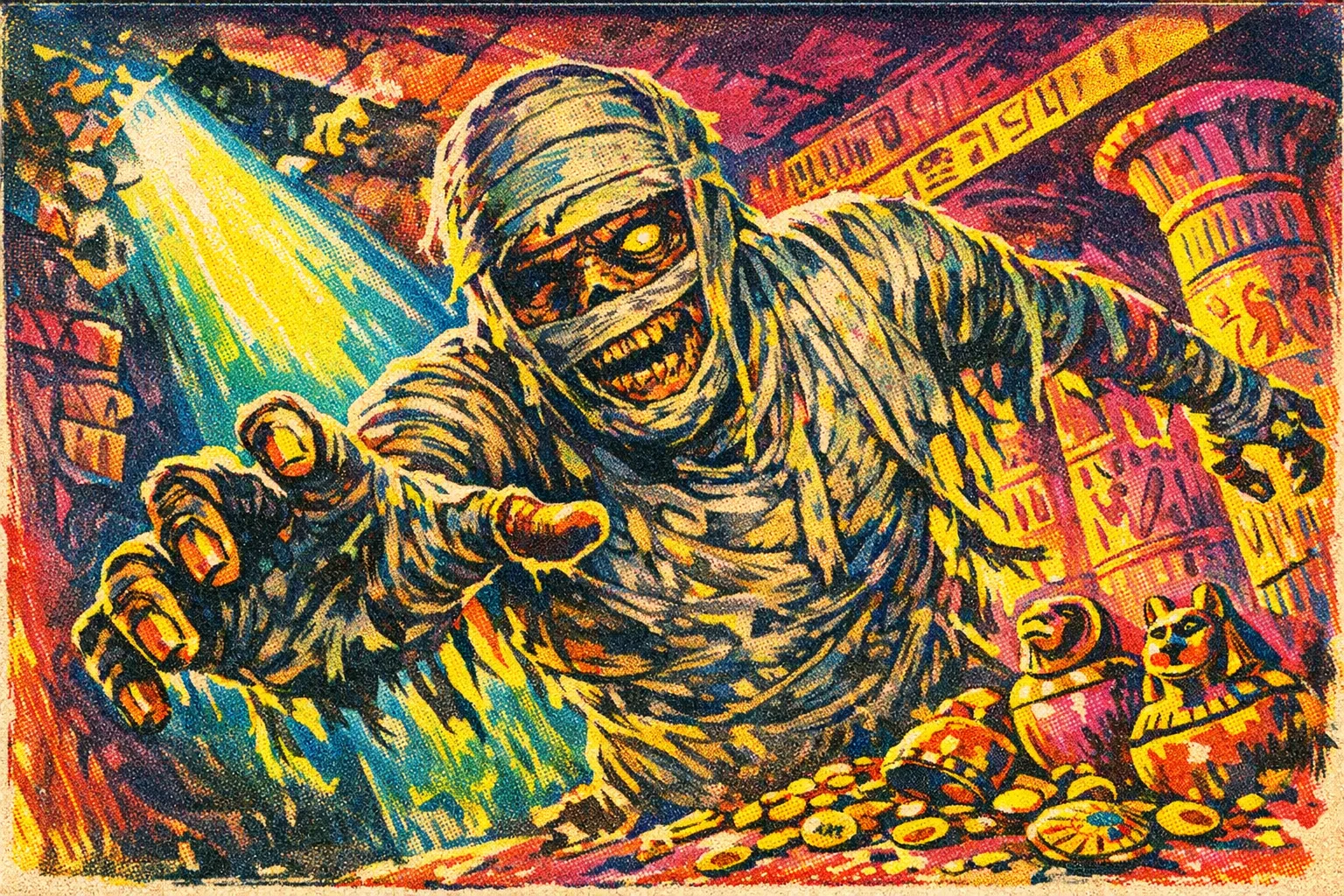 The Mummy — Drive-In Pulp: 1950s painted pulp cover, garish and kinetic