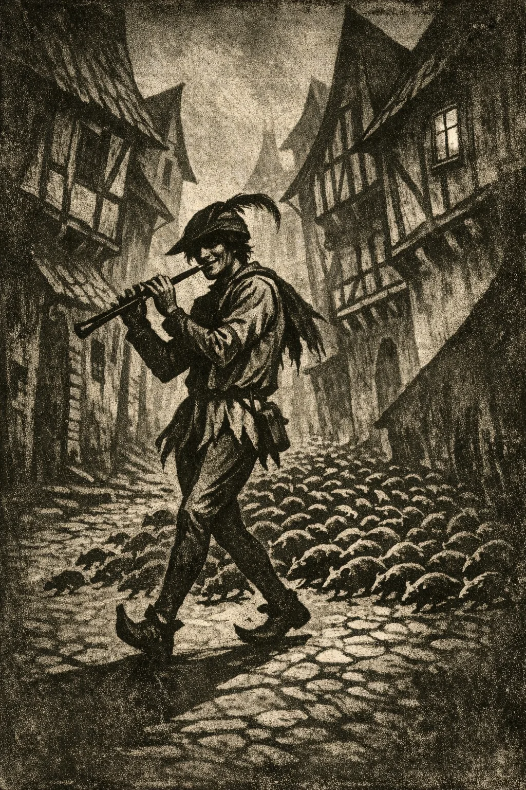 The Pied Piper — Expressionist 1922: German silent-era, hard shadow and warped architecture