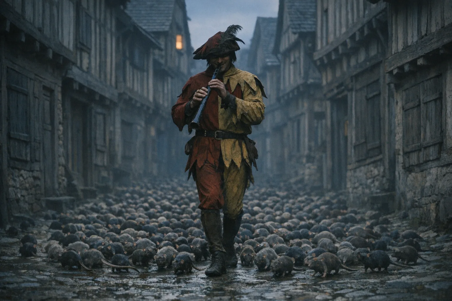 The Pied Piper — Folk Horror: Contemporary arthouse cinema, natural light, unsettling stillness