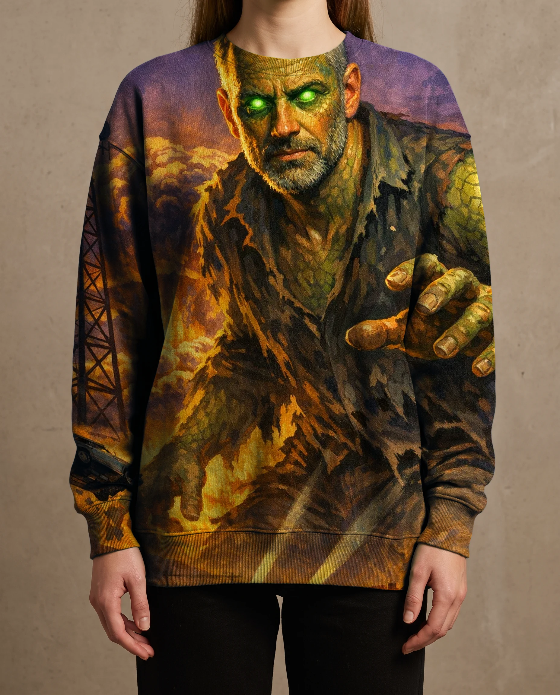 A crewneck sweatshirt printed edge to edge with the Atomic Age render of Silas, green-eyed under a mushroom cloud