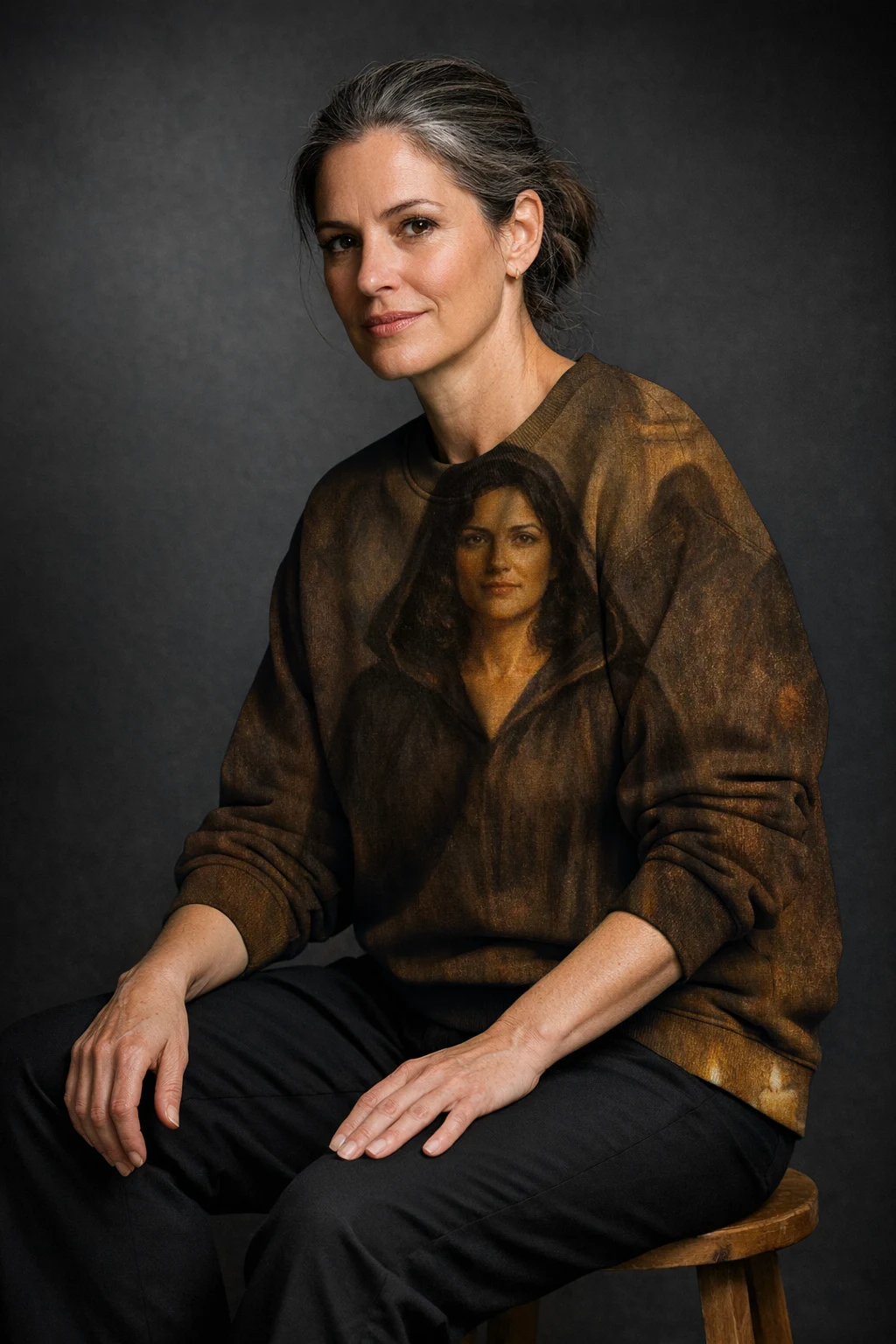A woman seated on a stool in a sweatshirt printed edge to edge with the Occult 1973 render, one hard light