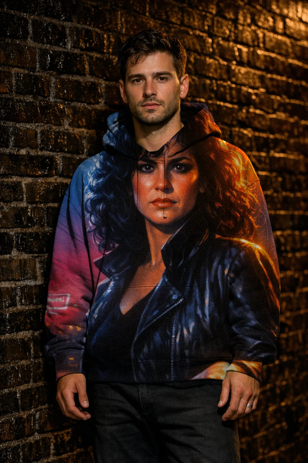 A man against a wet brick wall at night in a hoodie printed edge to edge with the VHS Slasher render