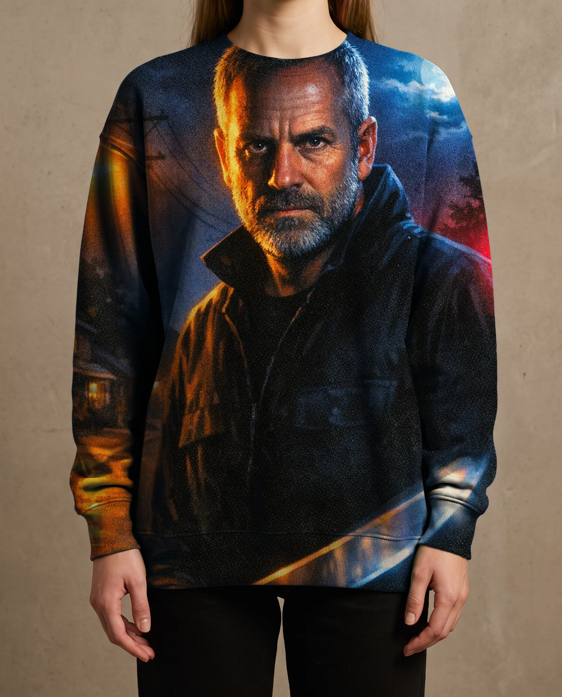 A crewneck sweatshirt printed edge to edge with the VHS Slasher render of Silas