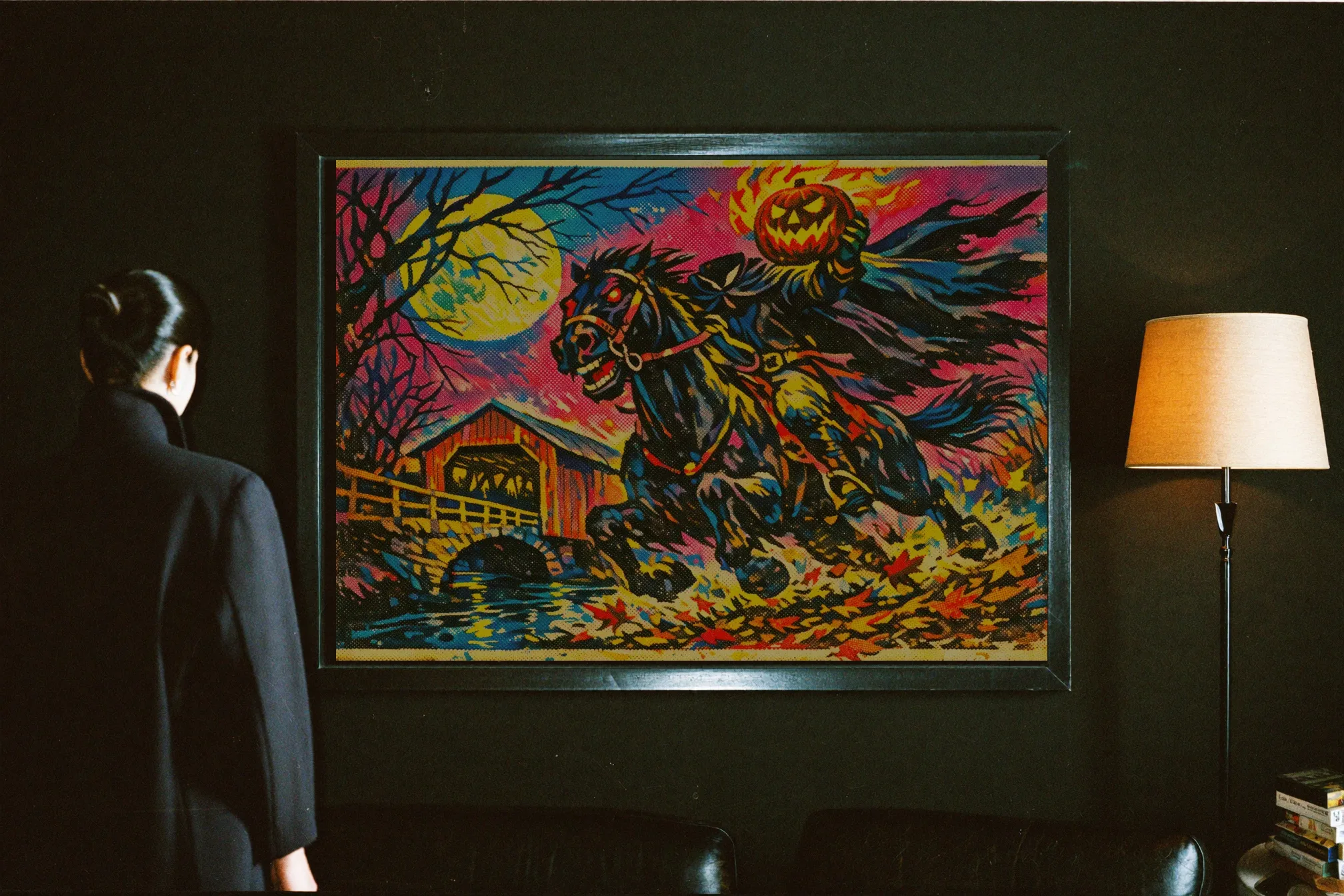 The Headless Horseman, pulp drive-in style, framed at 24 by 36 inches on a dark green wall beside a floor lamp; a woman stands looking at it