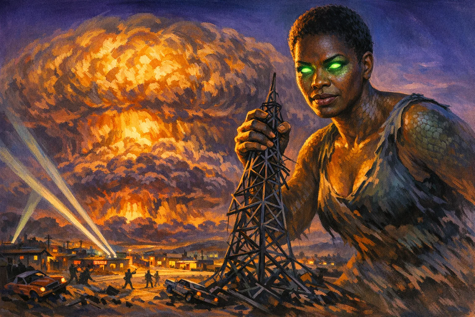 Imani rendered as a Atomic Age 1954 film still: You are what the bomb woke up