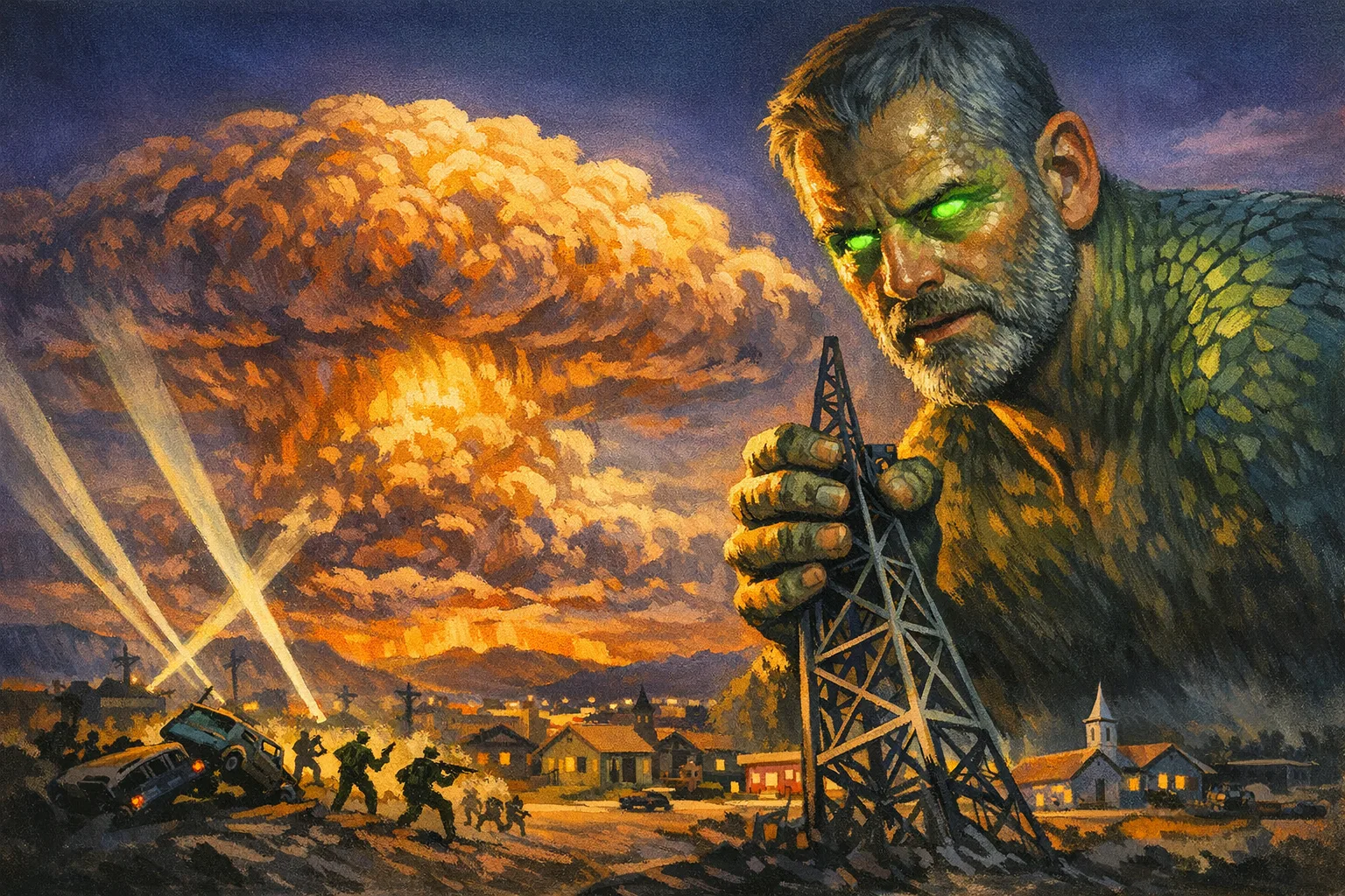 Silas rendered as a Atomic Age 1954 film still: You are what the bomb woke up