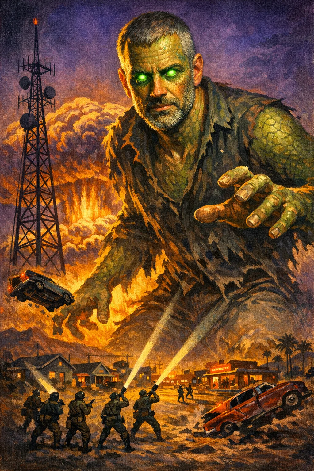 Silas rendered as Atomic Age 1954: Cold-war creature feature, painted one-sheet