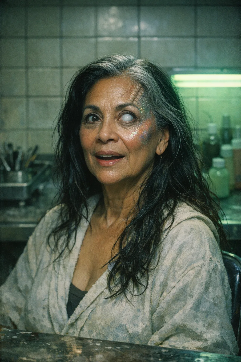 Rosa rendered as Body Horror 1986: Practical-effects still, wet latex, cold key