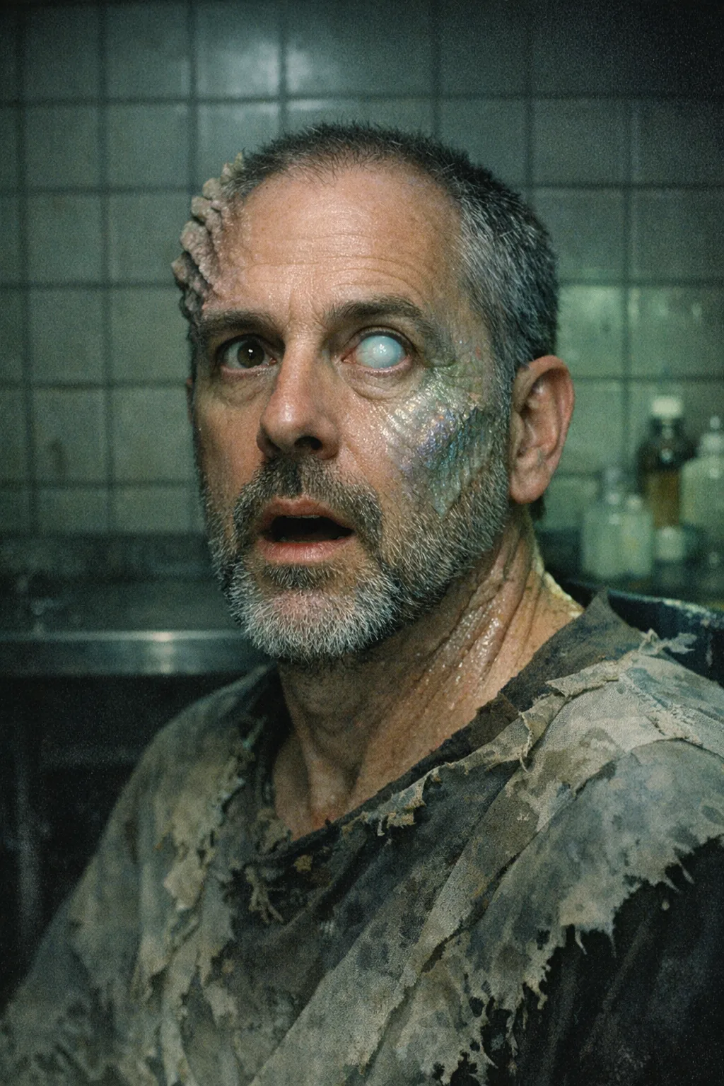 Silas rendered as Body Horror 1986: Practical-effects still, wet latex, cold key