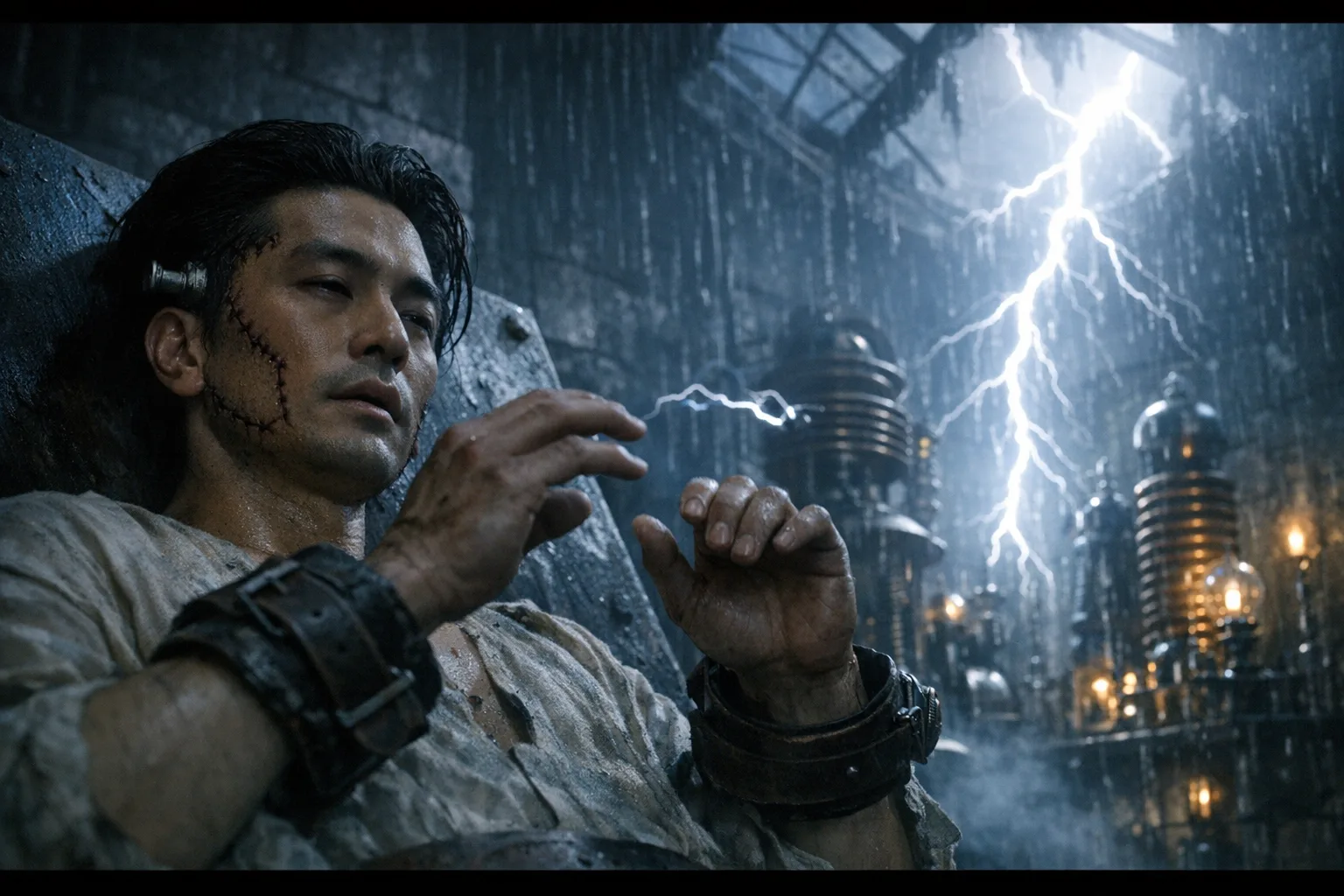 Kenji rendered as a The Creation film still: You are the thing on the slab, and it is alive