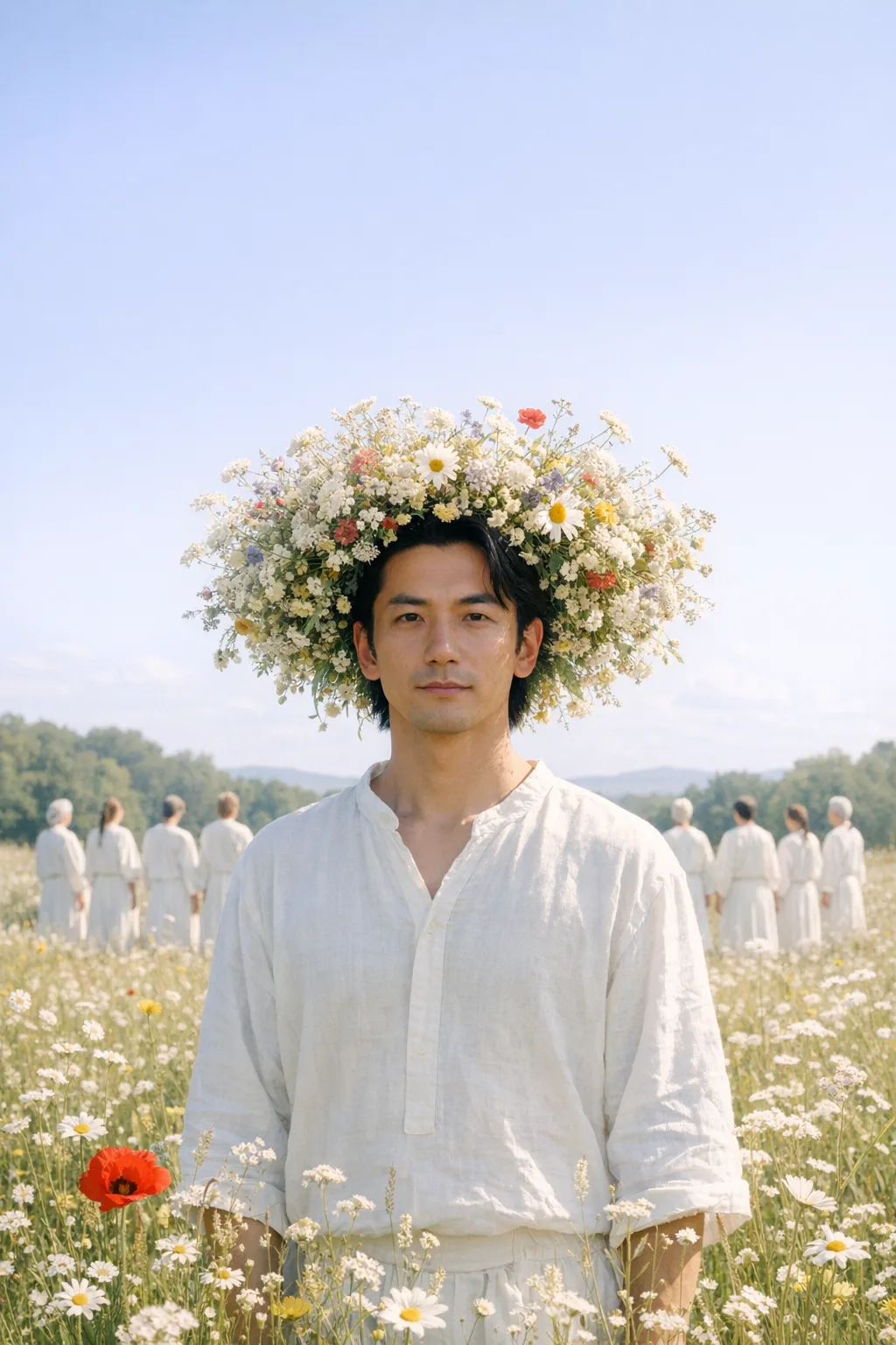 Kenji rendered as Daylight Cult: Midsummer folk horror, flowers, terrible sunshine