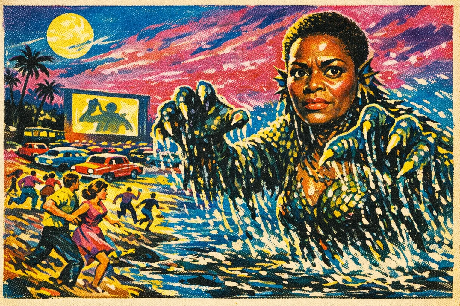 Imani rendered as a Drive-In Pulp film still: You are the thing from the swamp