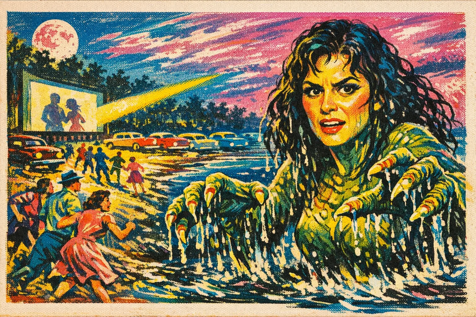 Mara rendered as a Drive-In Pulp film still: You are the thing from the swamp