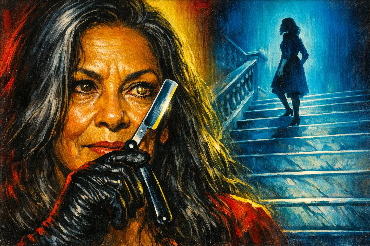 Rosa rendered as a Giallo 1971 film still: You are the face behind the black glove