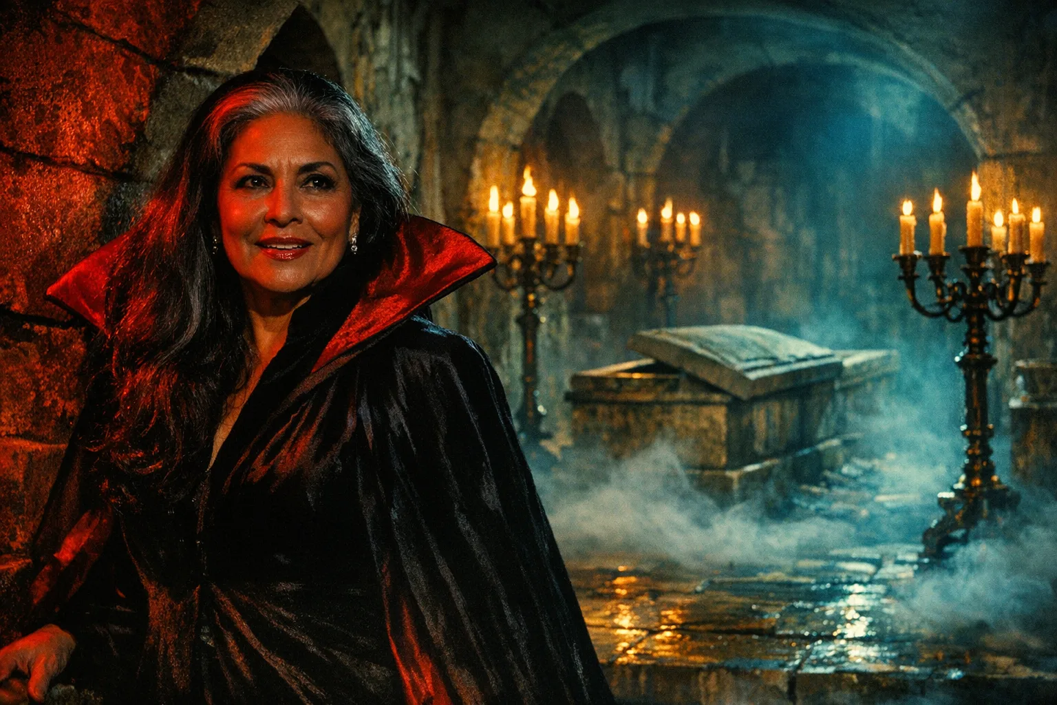 Rosa rendered as a Hammer Technicolor film still: You are the count in the candlelit crypt