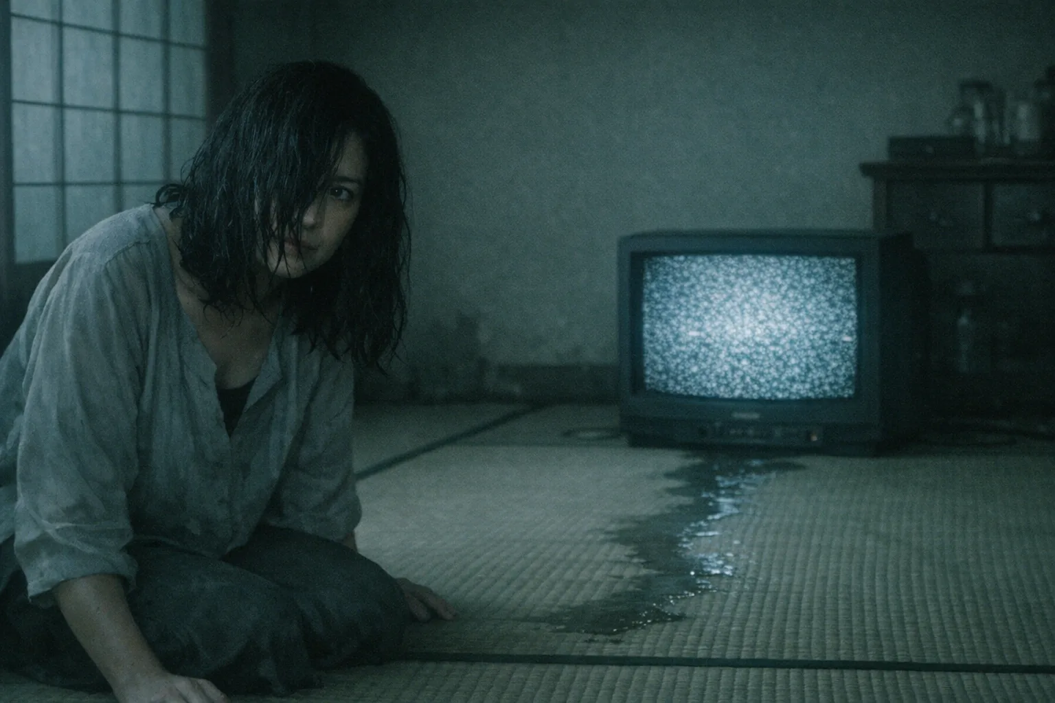 Mara rendered as a J-Horror 2002 film still: You are the one who climbed out of the screen