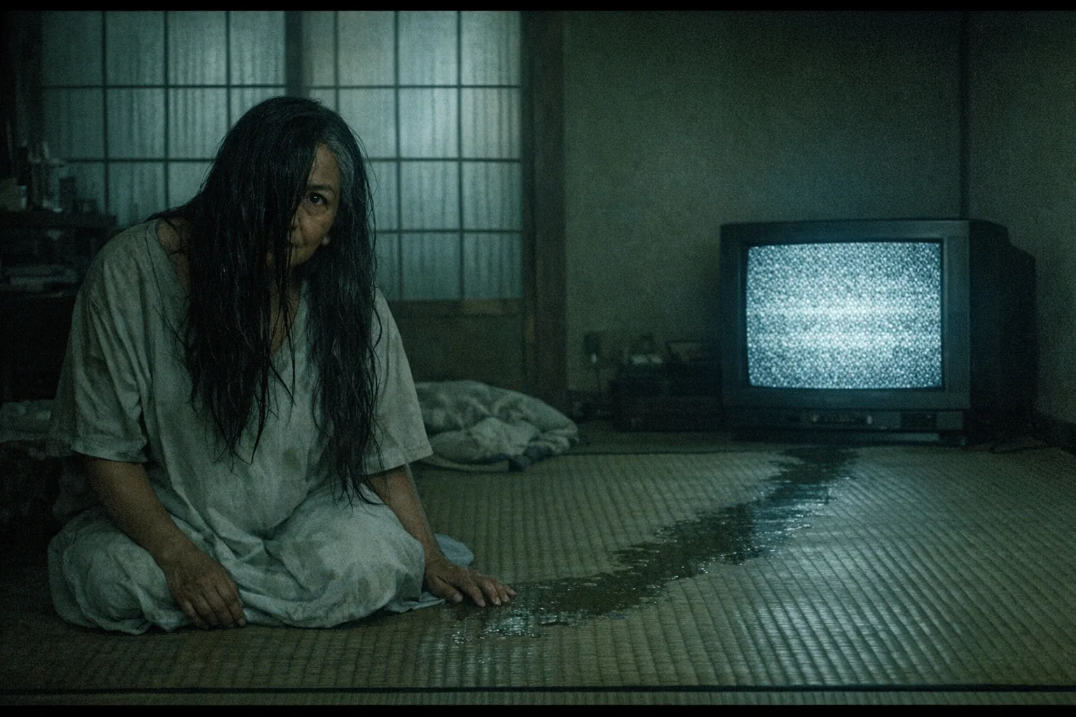 Rosa rendered as a J-Horror 2002 film still: You are the one who climbed out of the screen