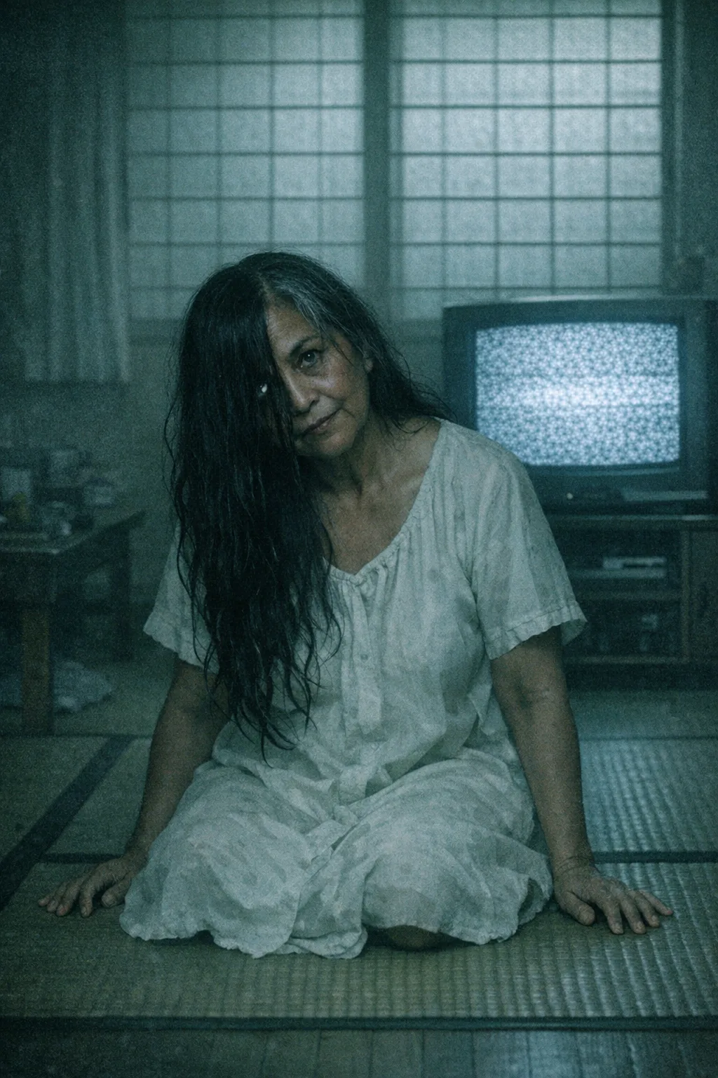 Rosa rendered as J-Horror 2002: Wet hair, static, grey-green stillness
