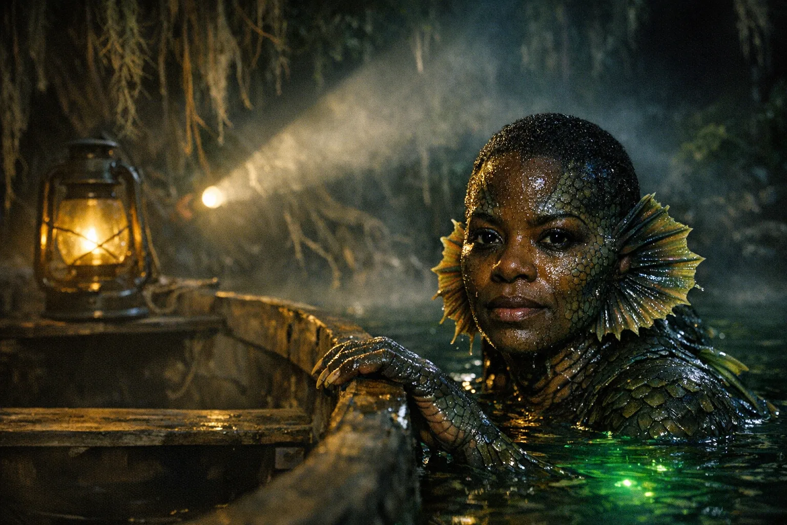 Imani rendered as a The Lagoon Creature film still: You are what lives under the black water
