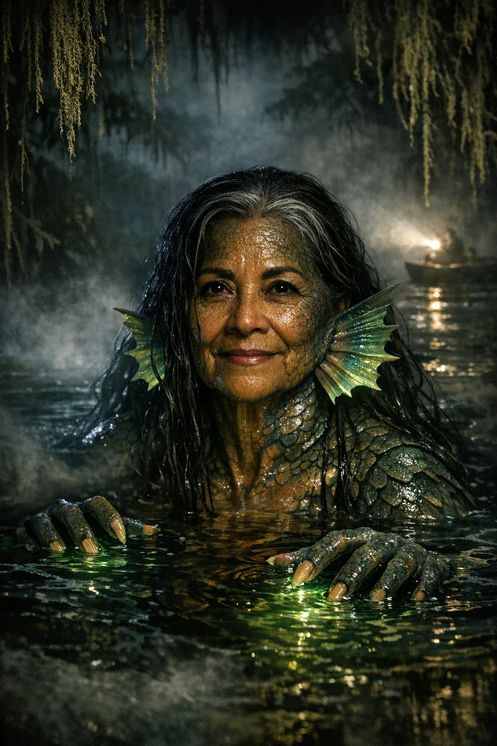 Rosa rendered as The Lagoon Creature: Gill-man, scales, phosphor light, wet