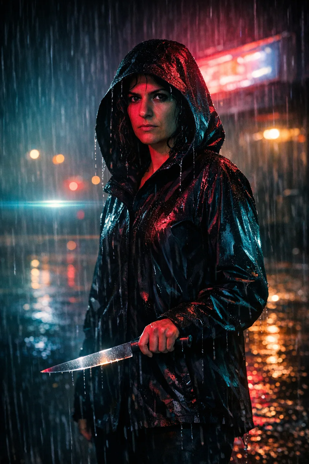 Mara rendered as Neon Slasher: Anamorphic, teal and magenta, wet asphalt
