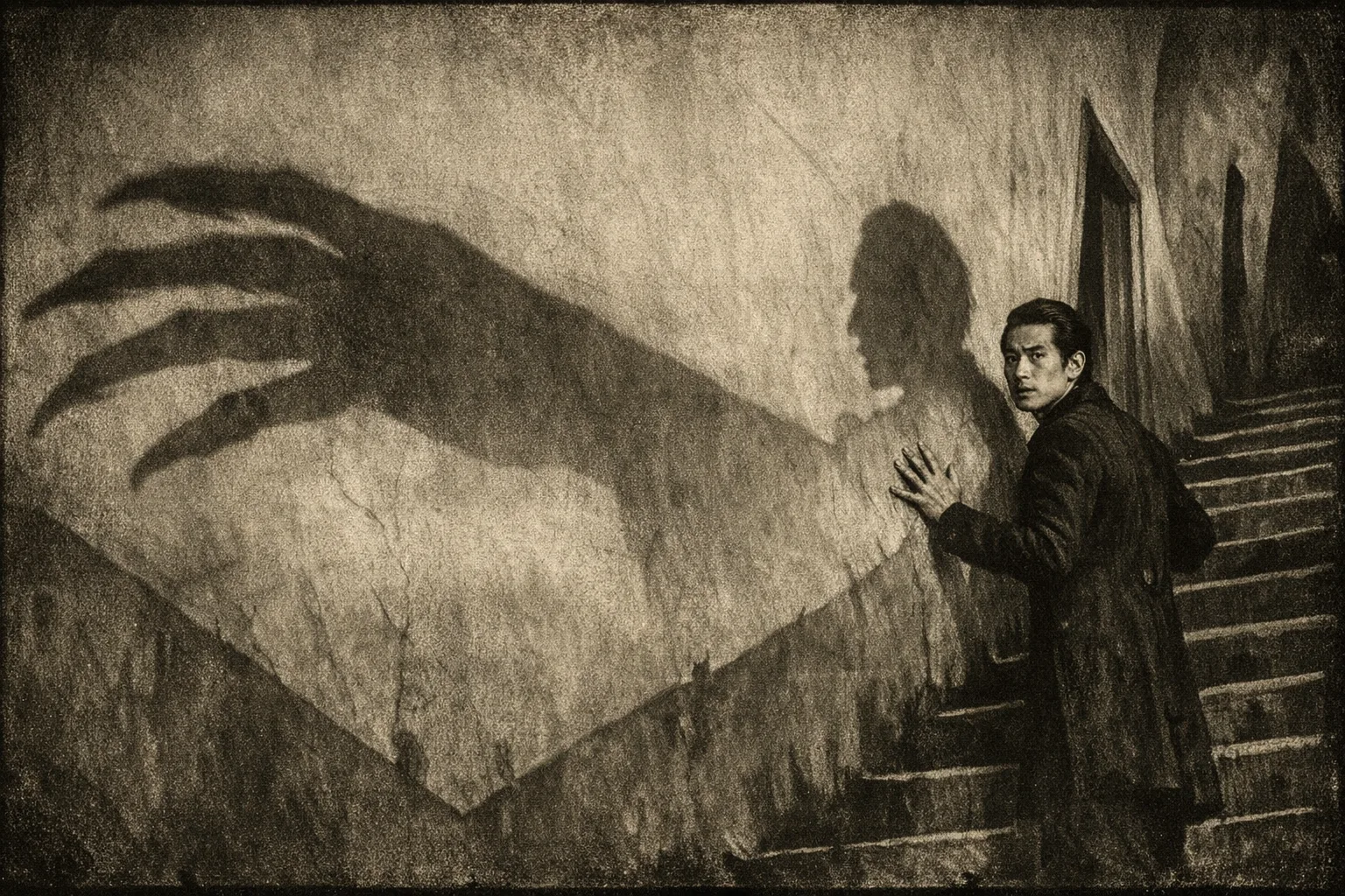 Kenji rendered as a Nosferatu 1922 film still: You are the shadow on the stair