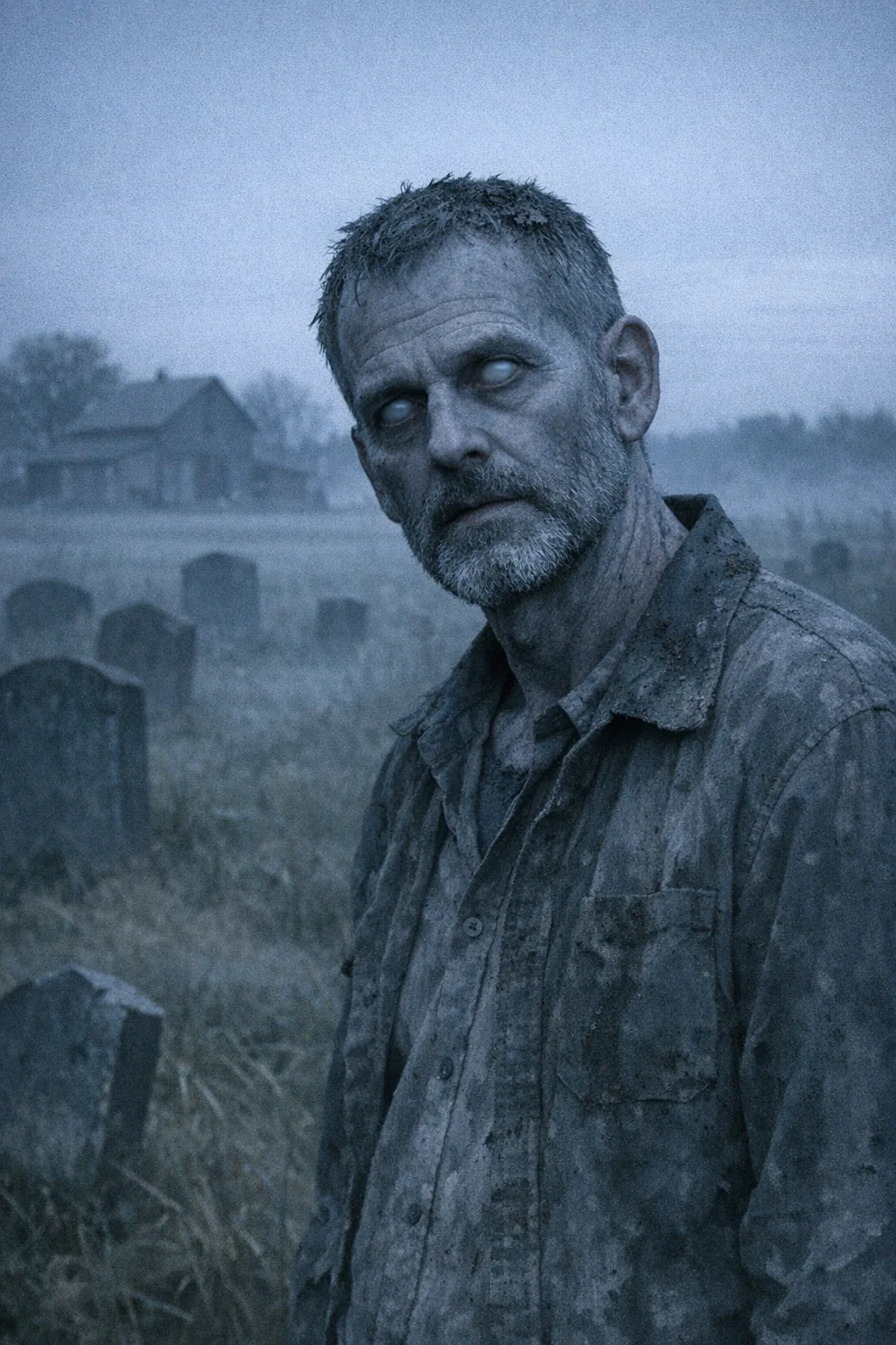 Silas rendered as The Risen: Romero grey, graveyard dawn, slow