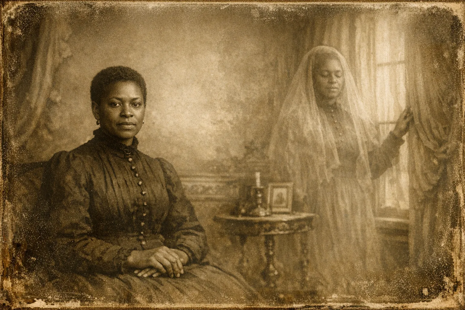 Imani rendered as a Spirit Photograph 1885 film still: You are the sitter, and the visitor