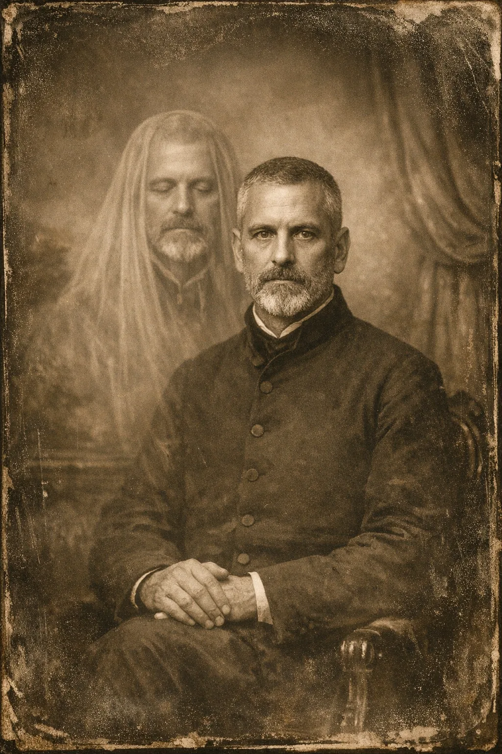 Silas rendered as Spirit Photograph 1885: Victorian wet-plate, double exposure, sepia