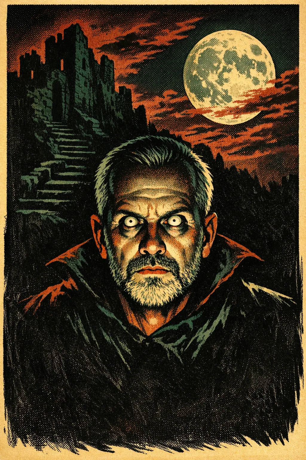 Silas rendered as Universal 1931: Hand-painted stone-lithograph horror poster